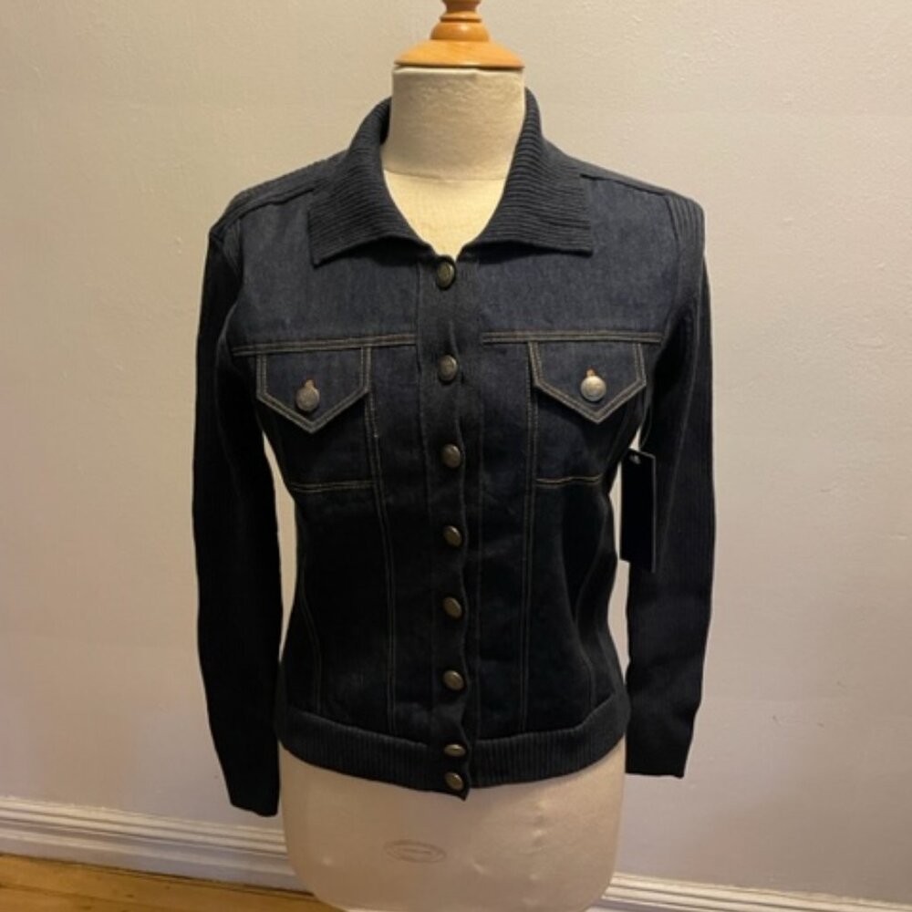 Formation denim front ribbed cotton & nylon sweater jacket in indigo NWT